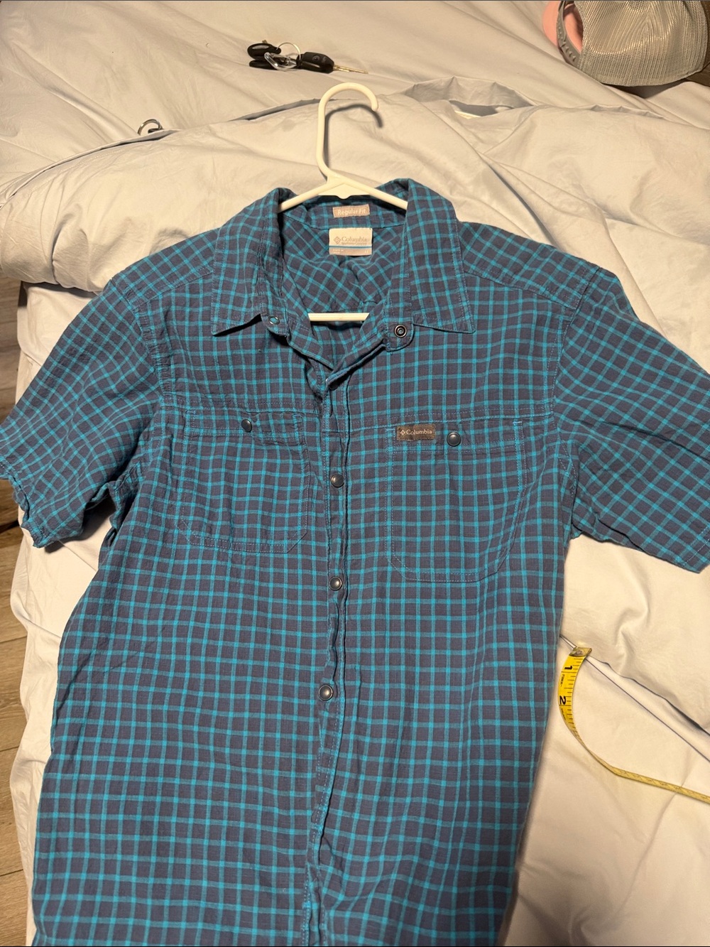 Columbia Teal and Navy Plaid Short Sleeve Button-Down Shirt